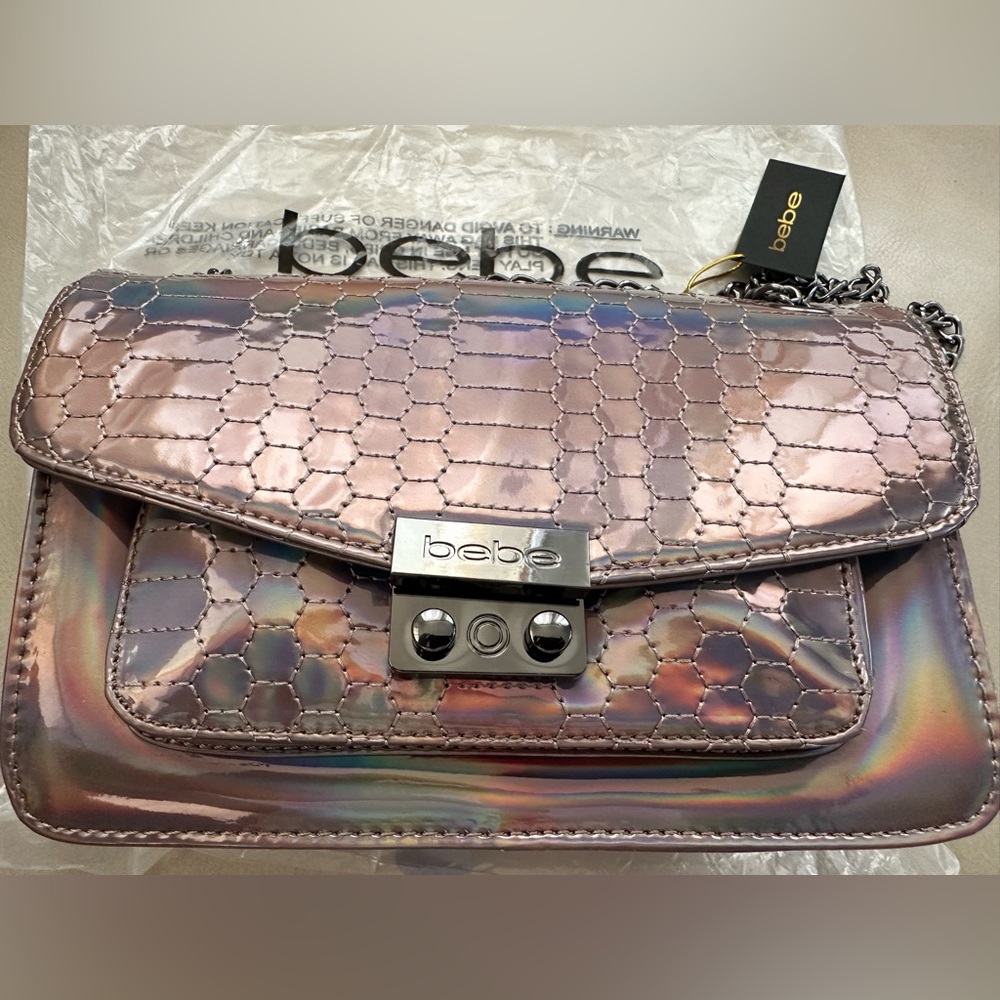 NWT BEBE Ona Crossbody Iridescent Holographic Silver Metallic Quilt Chain Purse - Picture 3 of 12